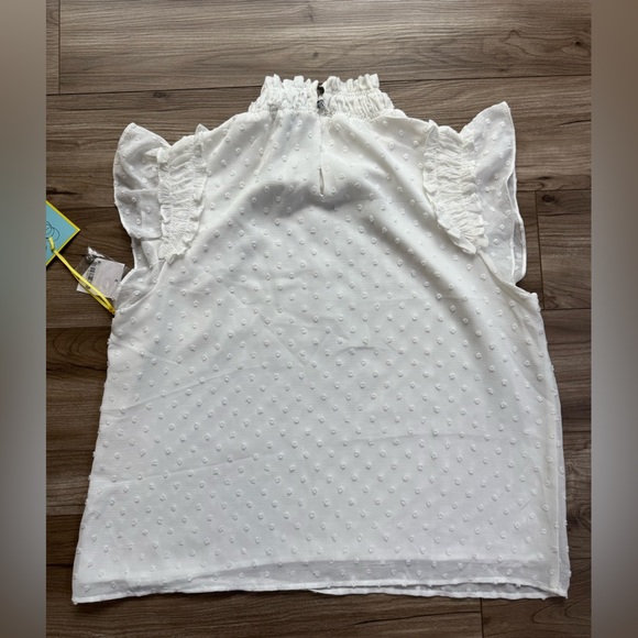 CeCe Clip Dot Ruffle Mock Neck Crepe Top in New Ivory Size M NWT - Picture 9 of 12